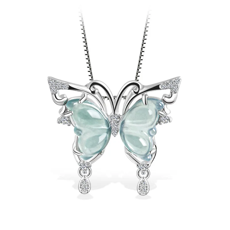 

Natural A-Grade Jadeite Blue Water Butterfly Pendant Necklace Ice Crystal S925 Silver Fashionable Women's Jewelry