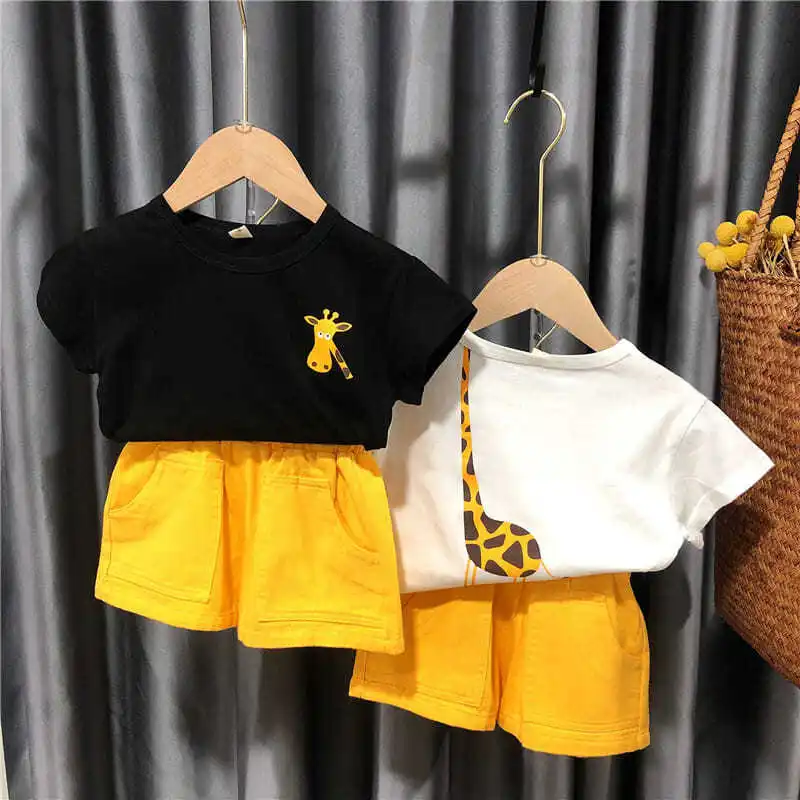 Summer Suits Toddlers Child Clothing Kids Clothes Sets Baby Boy Girl Casual Suit cartton giraffe Short-sleeved T-shirt+shorts