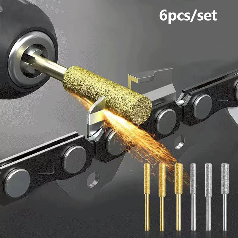 6 Stück Kettensägen-Bits, Titanbeschichteter Diamant-Schärfer, hohe Härte, elektrische Kettensägenfeile, 4–5,5 mm Kettensägen-Schärfstein