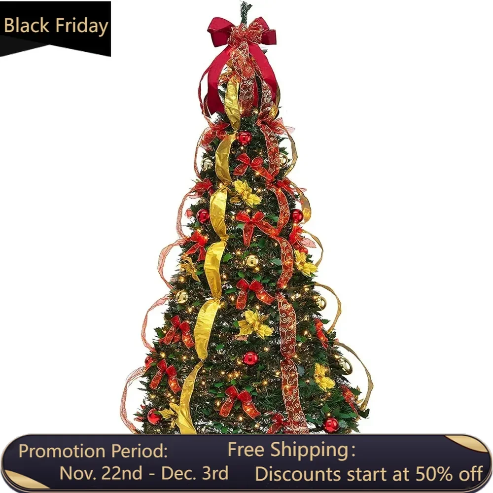 6-foot pre decorated Christmas tree with 350 warm lights, gold and red, PVC material, lit up Christmas tree, pop-up