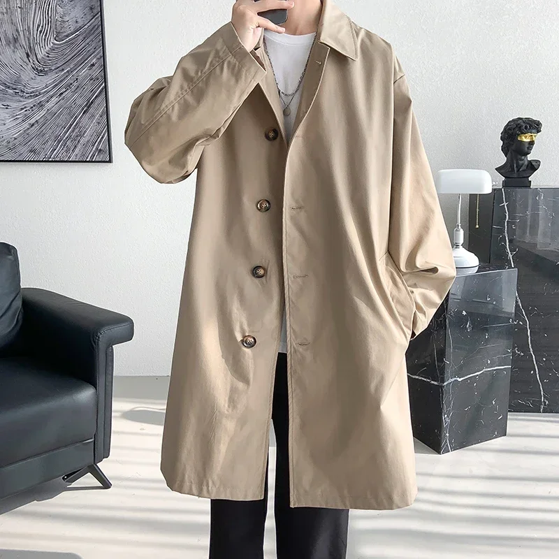 

Men's Trench Coat Fashion long Windbreaker Men Solid Color Single Breasted Loose Casual Trench Man Streetwear Plus Size M-5XL