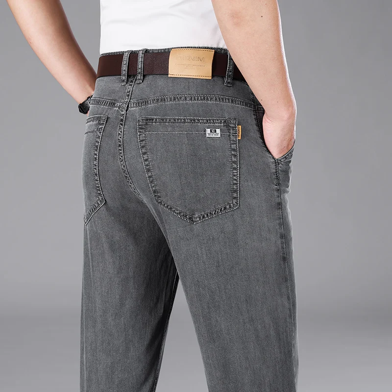 Jeans cinza defumado solto masculino, calça simples de negócios, cintura alta, fina, escritório profissional, moda que combina com tudo, verão