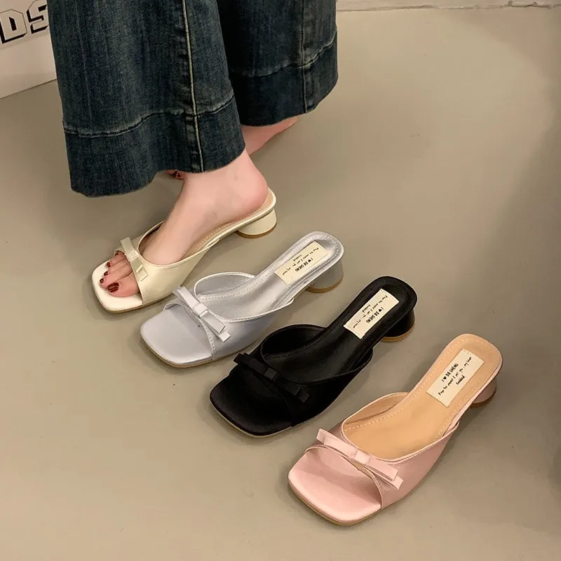 

Лето 2023, модные французские тапочки на высоком каблуке с открытым носком, роскошные женские сандалии с сексуальным бантом