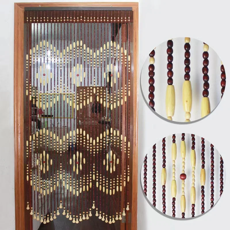 

Home Decor Beaded Door Curtain Handmade Wooden Track Bamboo Beads Wave Fringe Curtains Hanging Partition for Living Room Bedroom