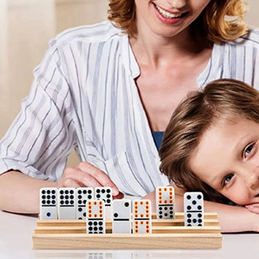 

Natural Wood Domino Rack With Base Tray For Game Cards Board Games Family Play Display Stand Holder Accessory