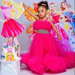 Cute Fuchsia Kids Birthday Dresses Flower Girl Dresses Spaghetti Straps Pleated Tiered Tulle Ball Gowns for Wedding