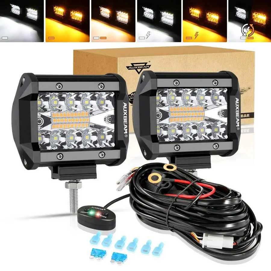 

4 Inch LED Driving Pods, 120W 12000LM Spot Flood Combo Triple Row Off Road Light Bar, 6 Modes Dual Color Amber White Auxiliary F