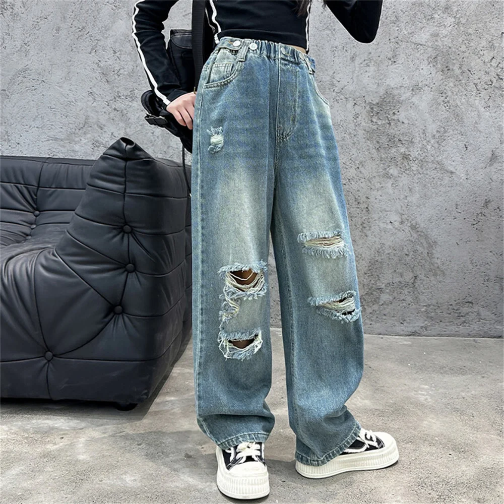 MK83 Fashion Girls Jeans Children\'s Wide Leg Pants Broken Hole Straight Kid Jeans Denim Straight Leg Pants