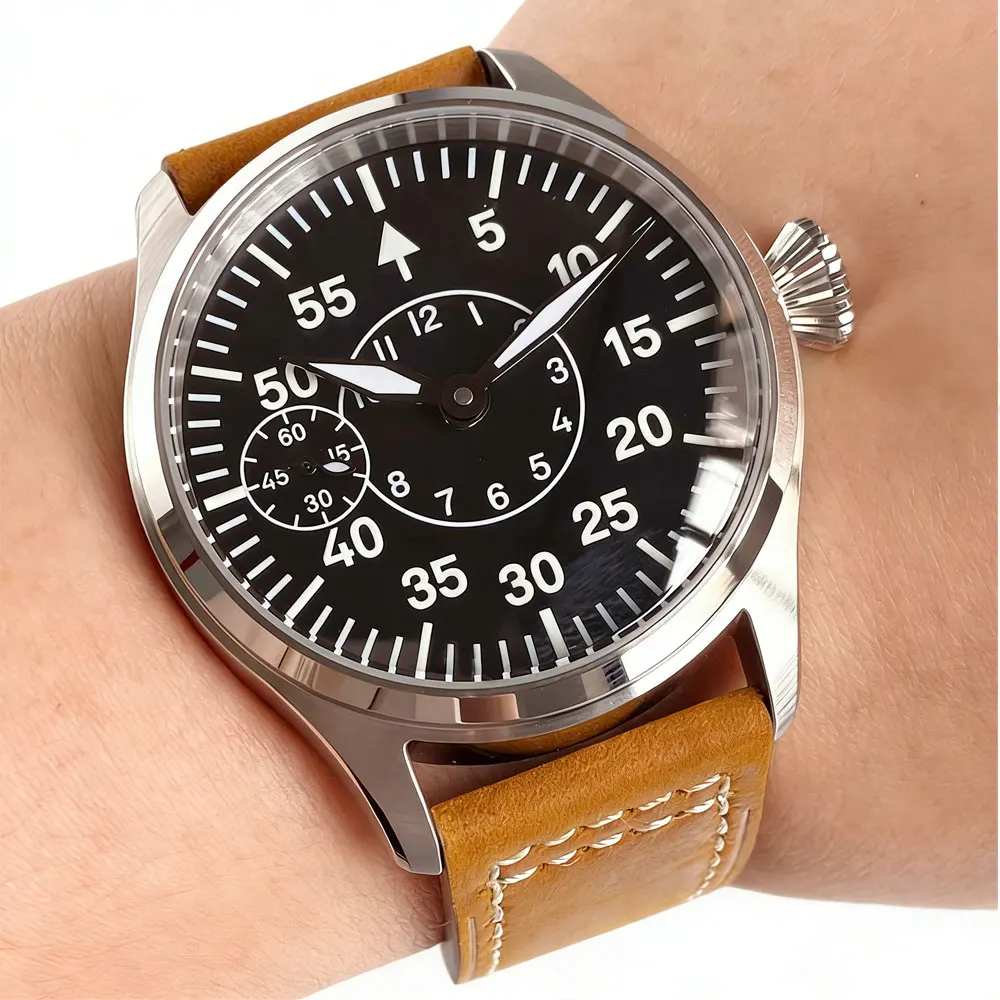 Tandorio 42mm Vintage Black Dial Lume 6497 ST3600 Mechanical Hand Wind Watch Men Sapphire Glass Pilot Style Clock Leather Band