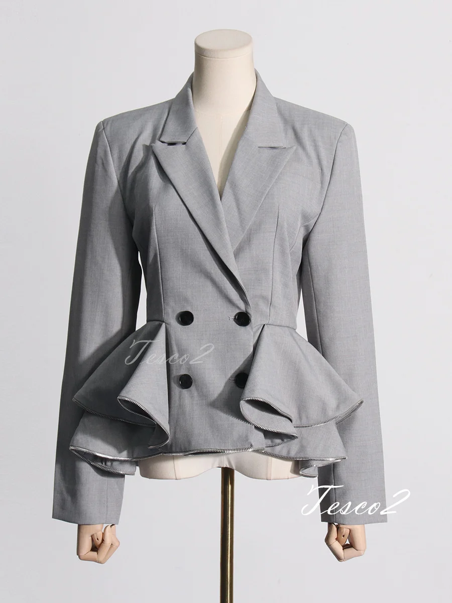 Tesco-Blazer na moda feminino, jaqueta cinza de babados design, jaqueta de peito duplo sênior de manga longa, streetwear preto, nova