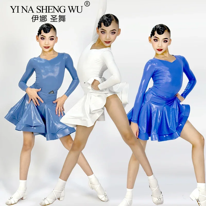 Nuovo vestito da ballo latino per ragazze Costume da spettacolo diviso a maniche lunghe in pelle brillante per bambini Cha-cha Samba Abbigliamento da palcoscenico professionale