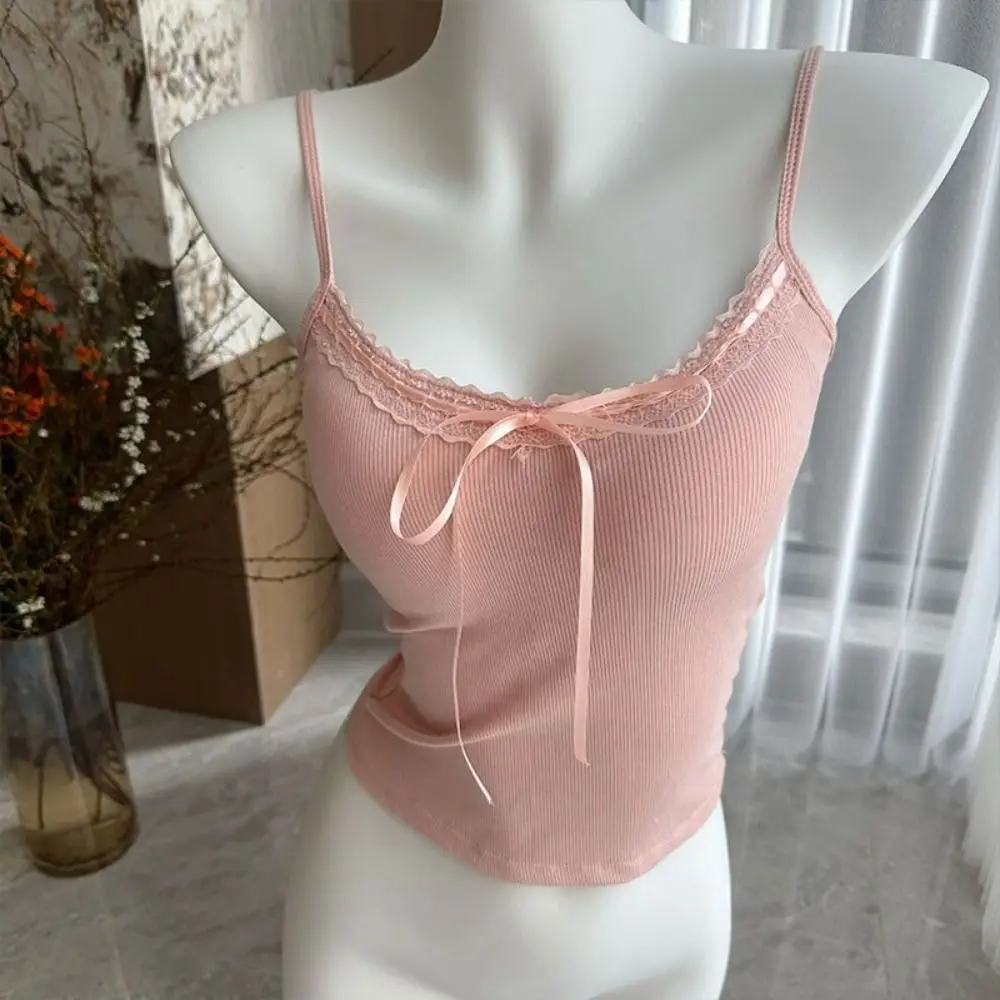 Sweet Solid Color Lace Crop Top Lace Strap Waist-cinching Camisole with Pads Sexy Lace Padded Streetwear Top Inner Wear