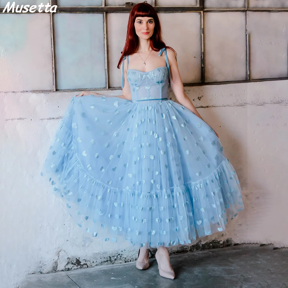 Musetta Tea Length A Line Evening Dress Sweetheart Print Party Dress Custom Made Blue Bustier Garden Fairytale Corset Prom Gown