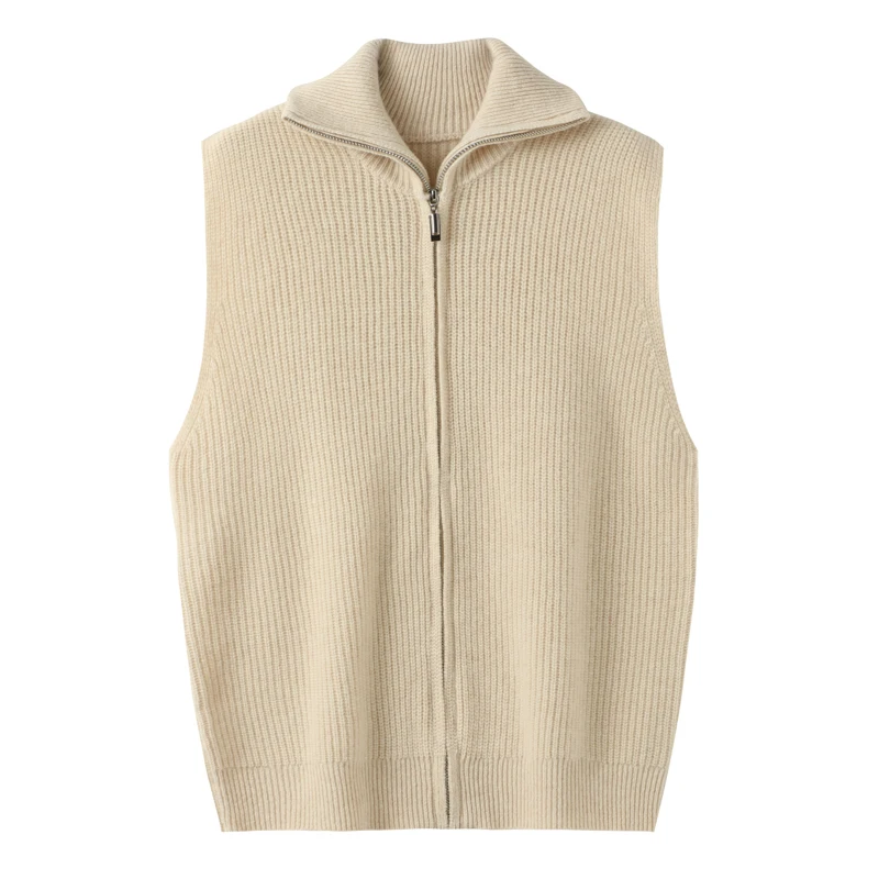 New Chic Women's Zipper Cardigan Waistcoat Turn Down Collar Sleeveless Cashmere Sweater Autumn Winter 100% Merino Wool Knitwear