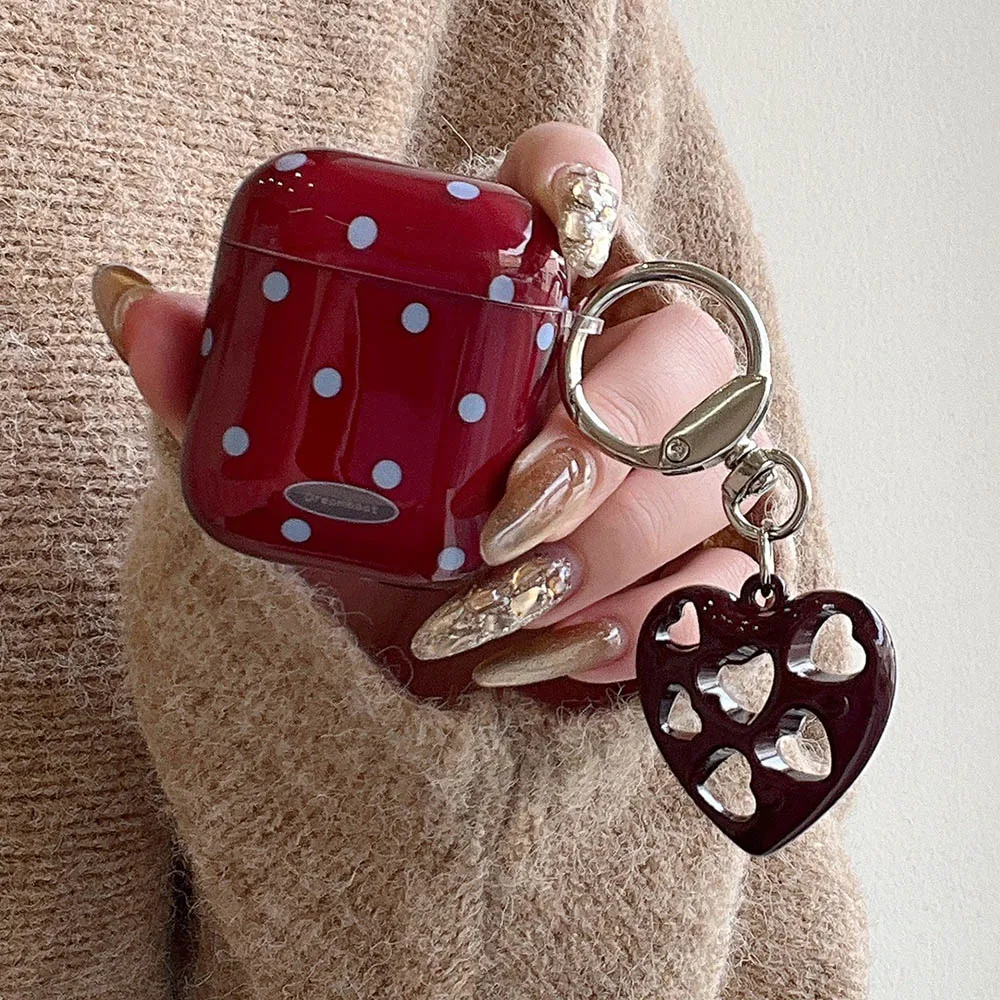 Vintage Wine Red Round Dots Love Heart Pendant Case Cover for Apple AirPods 1 2 3 4 Air Pods Pro 2 Bluetooth Earphone Box Cases