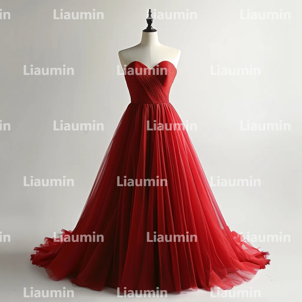 Custom Made Red Tulle Strapless Or V Neck Evening Prom Dresses Bridal Gowns Floor Length Formal Occasion Party Clothing W15-40