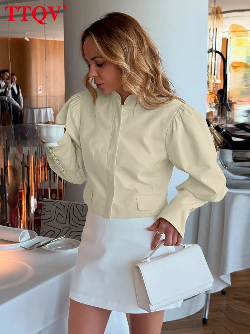 

TTQV Spring Loose Beige Cotton Women's Shirt 2026 Fashion Stand Collar Long Sleeve Lady Blouse Elegant Crop Top Female Clothing