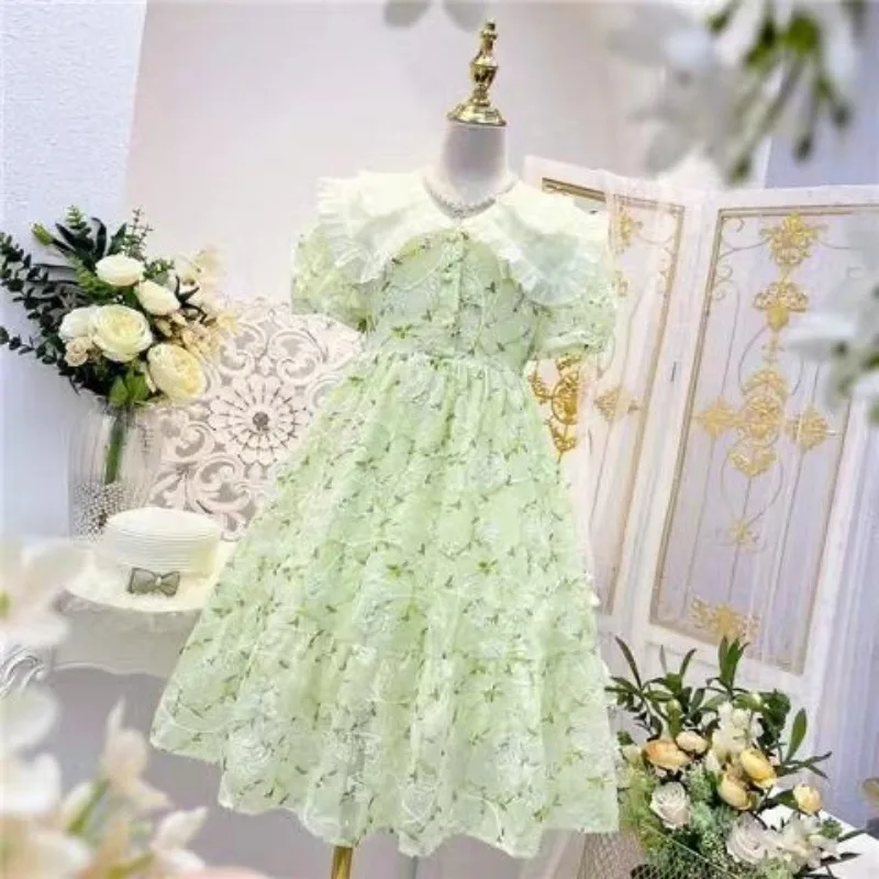 Girls Maxi Dresses Kids Outfits Baby Bow Print Dresses Summer Teens Short Sleeve Wedding Princess Costumes 4 5 6 7 8 9 12 Years