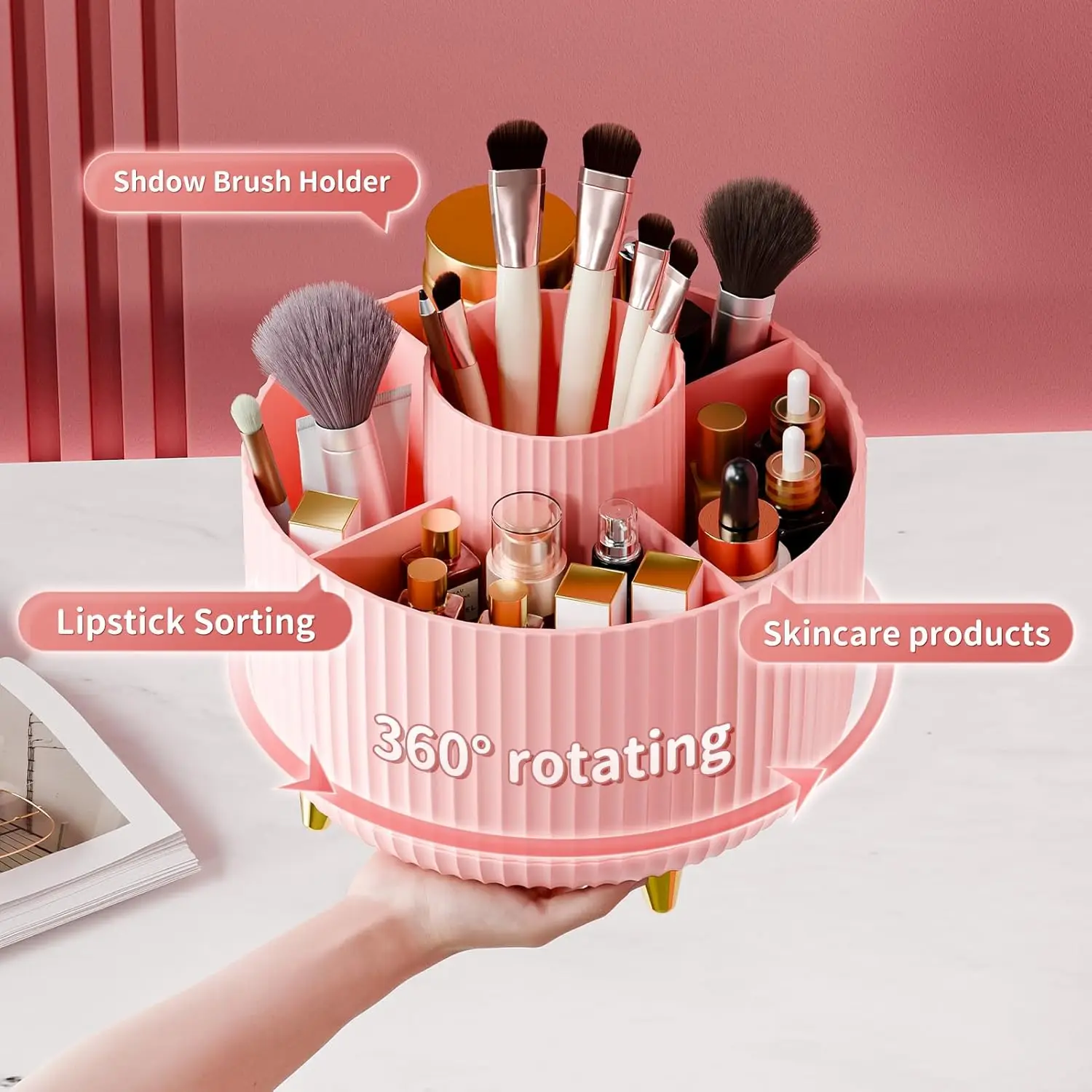Makeup Brushes Organizer 360°Rotating Desktop Dual-Purpose Pen Holder 5 Slot Skincare Storage Organizer for Bathroom Vanity Desk