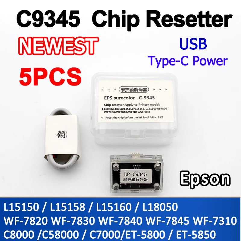 

Newest 5 PCS C9345 Maintenance Tank Chip Resetter for Epson T-8550 ET-8500 ET-16000 L8050 L15158 L15168 L15150 L15160 6558 c8000