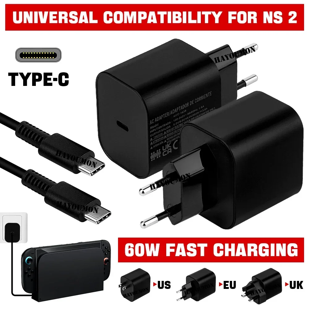 الاتحاد الأوروبي/الولايات المتحدة التوصيل محول التيار المتردد شاحن سريع ل NS التبديل 2 لعبة وحدة التحكم 60 واط شحن TypeC USB امدادات الطاقة الجدار شاحن ل Swith 2 #6