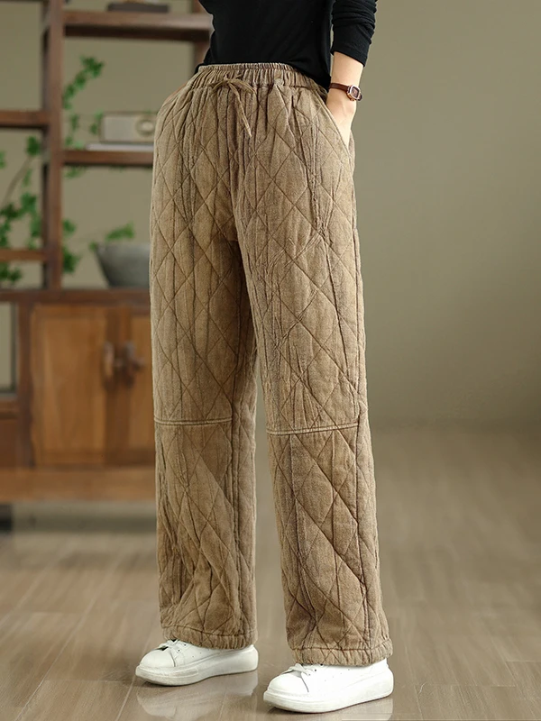 Thiened calças de algodão feminino inverno tamanho grande tingido cintura elástica quente calças de perna reta casual cintura alta calças de perna larga