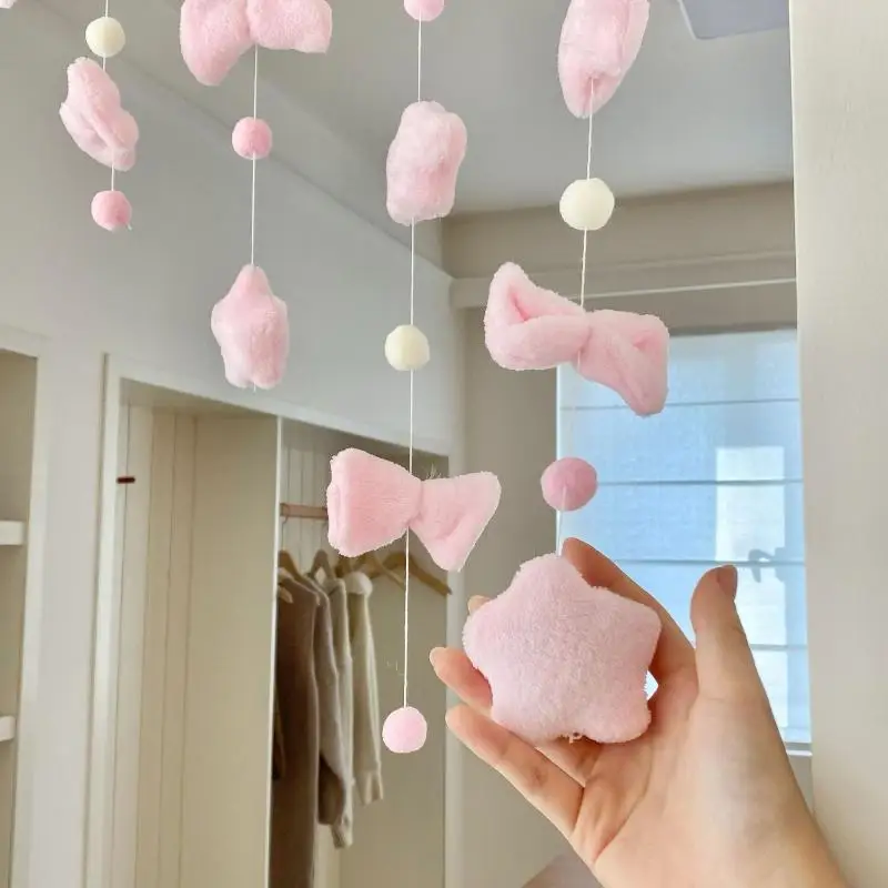 Cute Knot Door Curtain Pink Star Cloud Wall Hanging  PomPom Tassel No Drill Hanging Window Room Decor