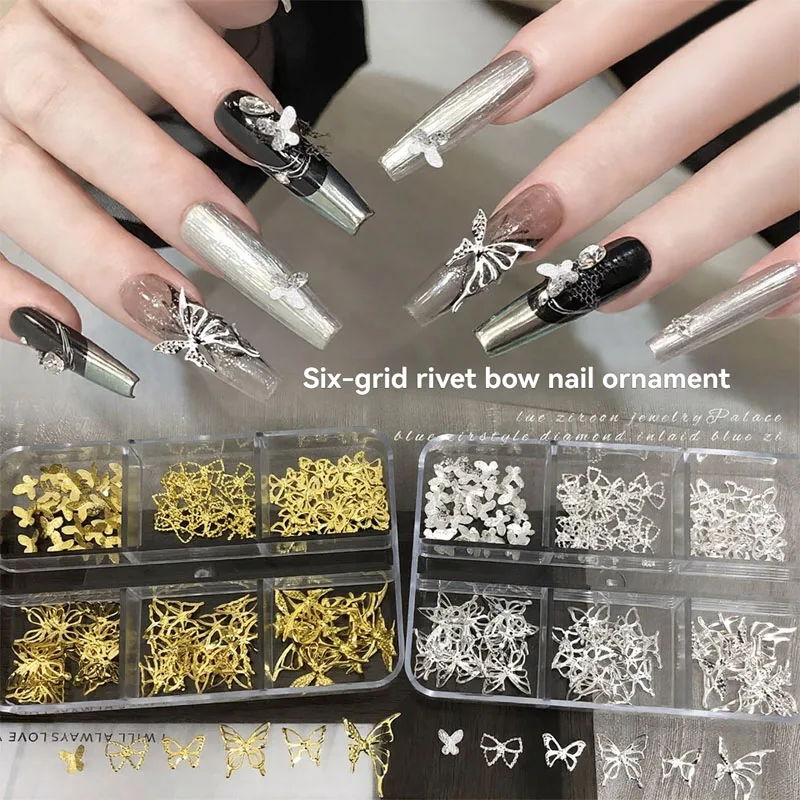 

6-Grid 3D Hollow Butterfly Nail Art Charms Shiny Metal Rivet Bow Nail Decorations for Manicure DIY Nail Accessories