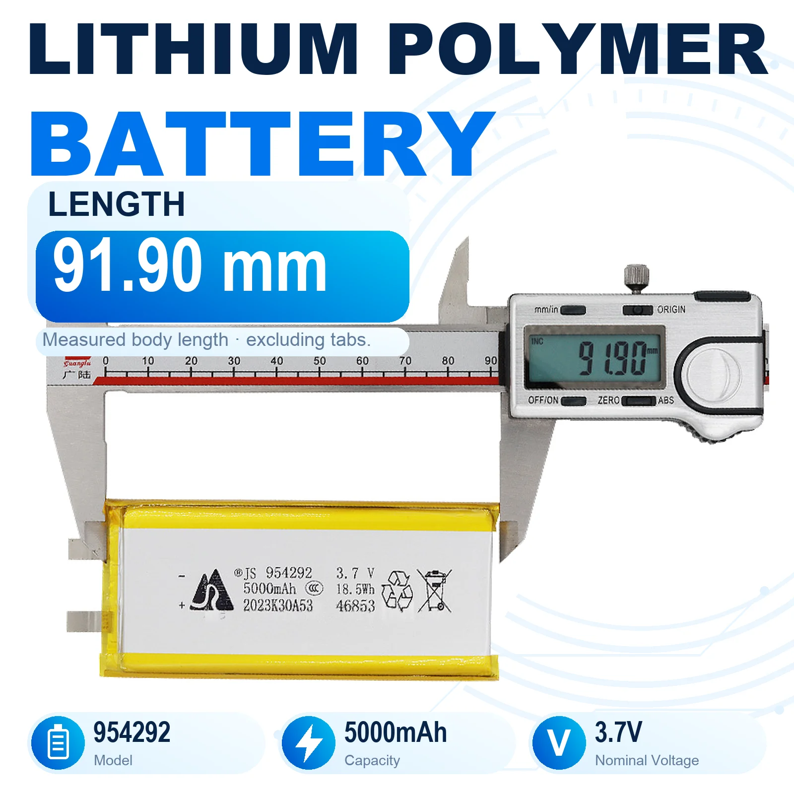 JS 954292 3.7V 5000mAh Rechargeable LiPo Battery Lithium Polymer Pouch Cell with Flat Metal Tabs