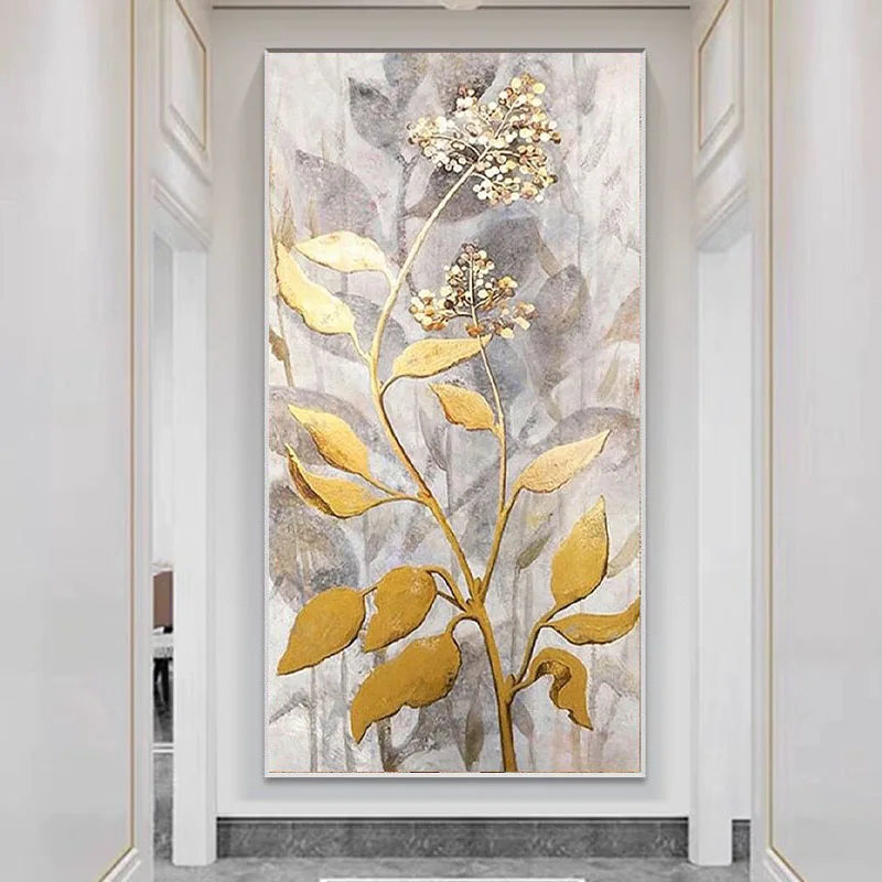 Original Hand Drawn Golden Plant Hanging Painting For Home Decoration Bedroom Dining Room Living Room And Sofa Wall Background