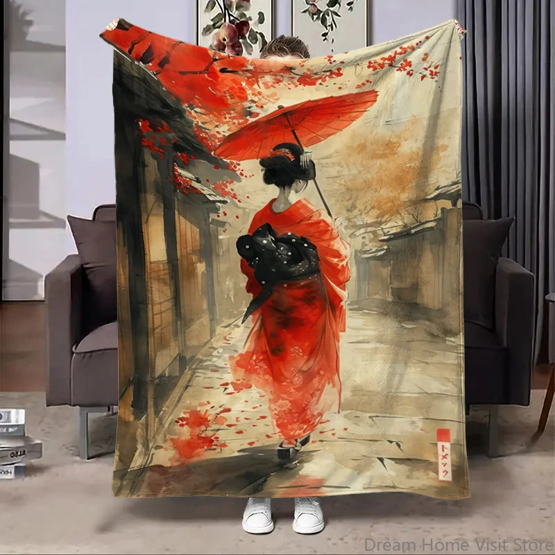 

8 Sizes Japanese Geisha River Printed Blanket Warm Soft and Comfortable Home Travel Blanket Sofa Bedding Cover Blanket Kids Gift