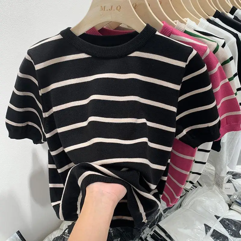 Fashion Casual Woman Striped Short Sleeve T-shirts Spring Summer Female Clothing Basic Loose Thin Versatile New Knitted Tops