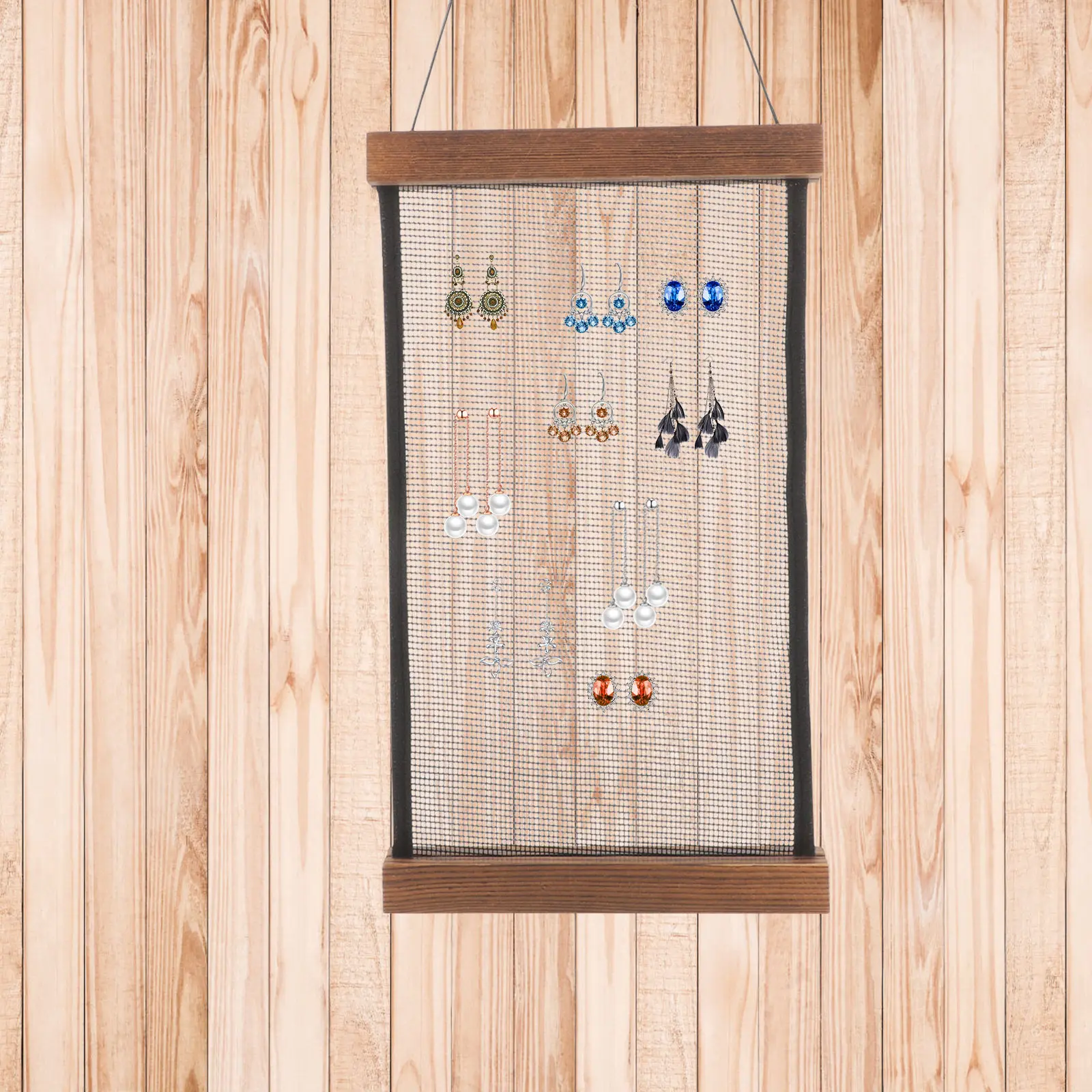 

Wooden Earrings Organizer Hanging Wall Display Stand Mesh Grid Fabric Earring Holder Large Capacity Jewelry Storage Brooch Pin