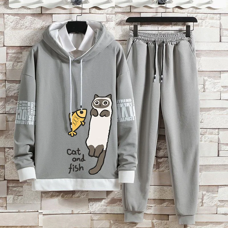 Early autumn new hoodie set casual men\'s printed hooded set versatile ins kitten