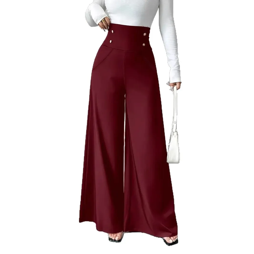 Women's Fashionable and Elegant Solid Color Wide-Leg Pants for Spring and Autumn  High Waisted Pants Office Commuting Trousers