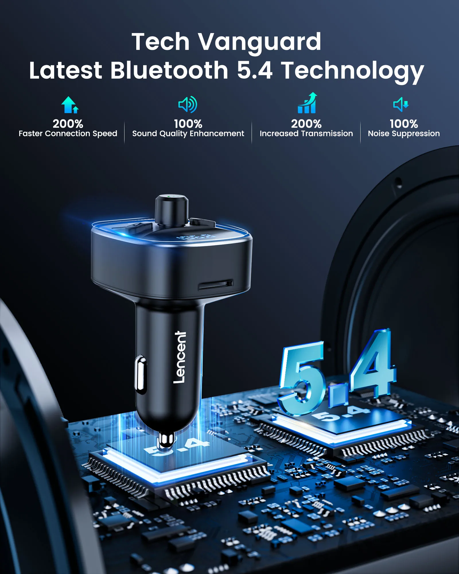 LENCENT Bluetooth 5.4 FM Transmitter with PD 30W &QC 18W Fast Charging Hands-Free Calling Wireless Radio Music Car Adapter