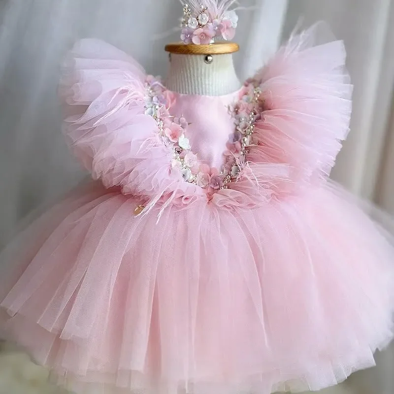 Flower Girl Dress Lovely Pink Exquisite Pleated Fly Princess Pearl Beading Appliques Vestidos Solid Mesh Floral Gowns