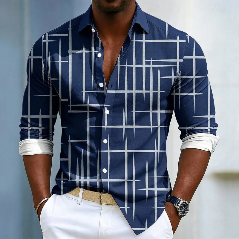 Men's shirt, long sleeved shirt, irregular black and white line printed collar button cardigan, loose casual trend men's shirt