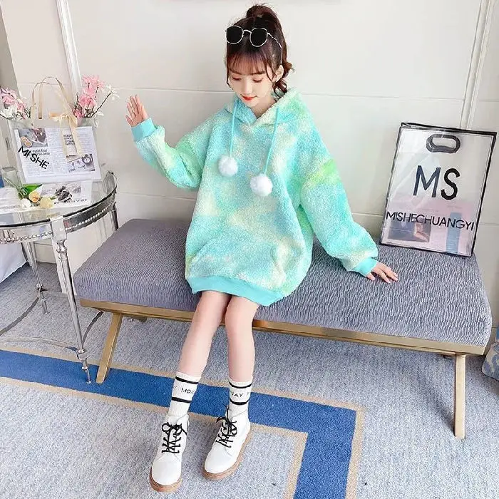 3-8-10-14 Girls sweater clothes winter and spring hoodie Korean version children\'s hoodie thickened fleece sweater mid-length