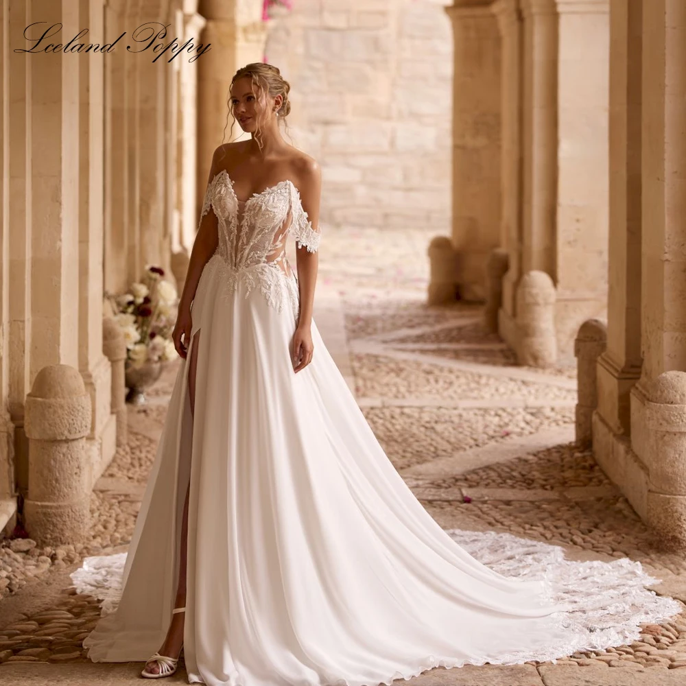 Lceland Poppy Customized A Line Off the Shoulder Lace Wedding Dresses Illusion Beaded Chiffon Bridal Gowns with High Slit