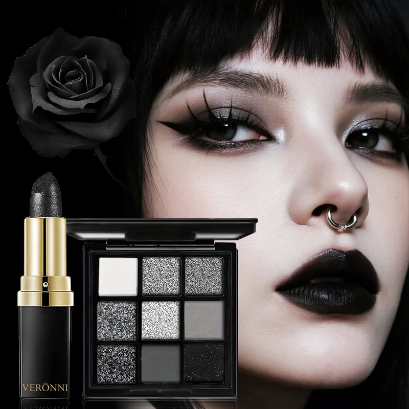 Ensemble de maquillage de Style gothique 2 pièces, rouge à lèvres noir et Palette de fards à paupières imperméables longue durée, nuances noires fumées pour Halloween, fêtes