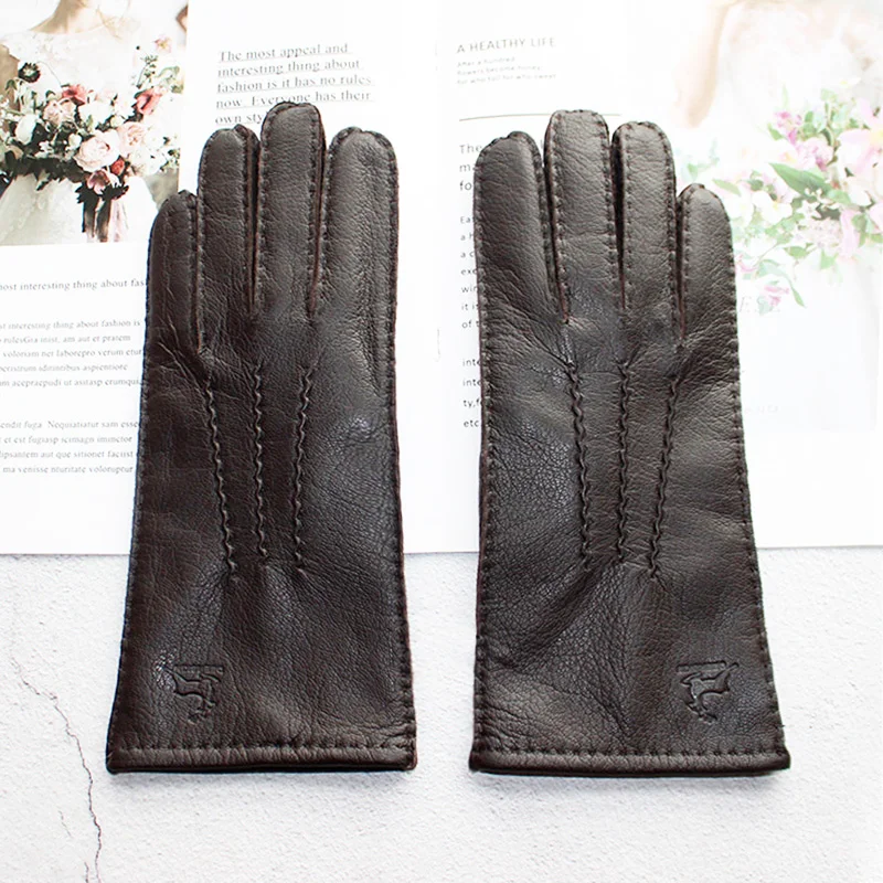 Deerskin Gloves Women\'s Leather Hand Stitched Fleece Lining Fall Winter Warm Ladies Vintage Simple Style Finger Gloves