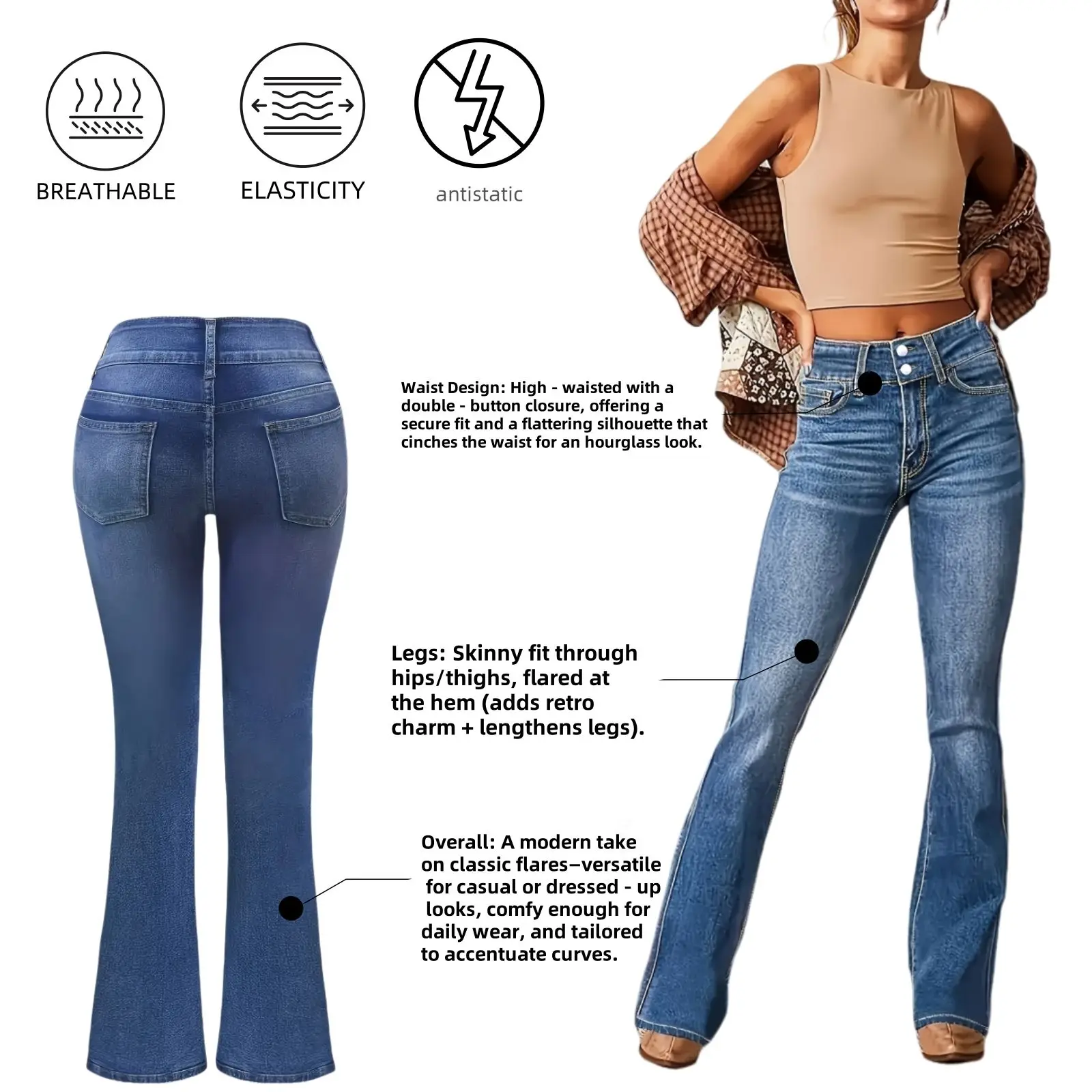 Y2K Blue Stretch Jeans for Women High Waist Flared Minimalist Vintage Retro Comfortable Daily Wear Fashion Trendy