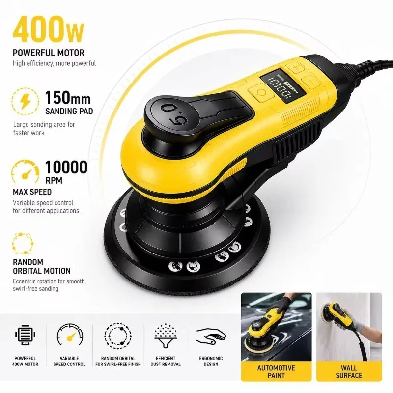 400W Random Orbital Sander 150mm Electric Wall Sander 10000RPM Variable Speed Car Paint Polisher for Wood and Drywall OEM