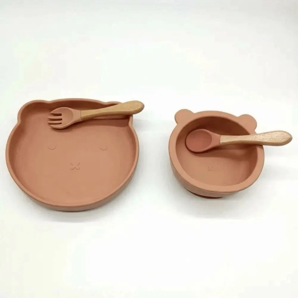 

Cartoon Bear Baby Weaning Dishes Set Shatter-proof Anti-Slip Baby Silicone Sucker Plate Easy Clean with Fork Spoon