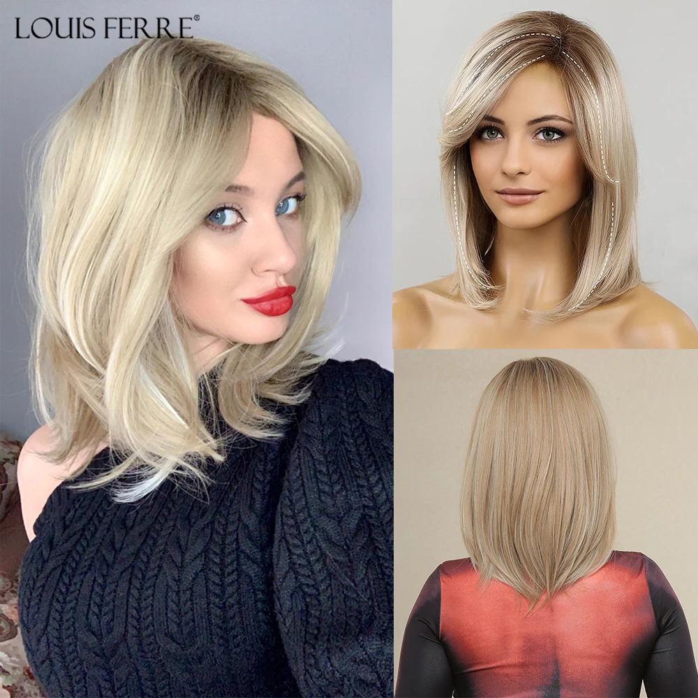 LOUIS FERRE Blonde Short Straight Wigs for Women Shoulder Length Layered Synthetic Hair Wig with Dark Roots Natural Fluffy Daily