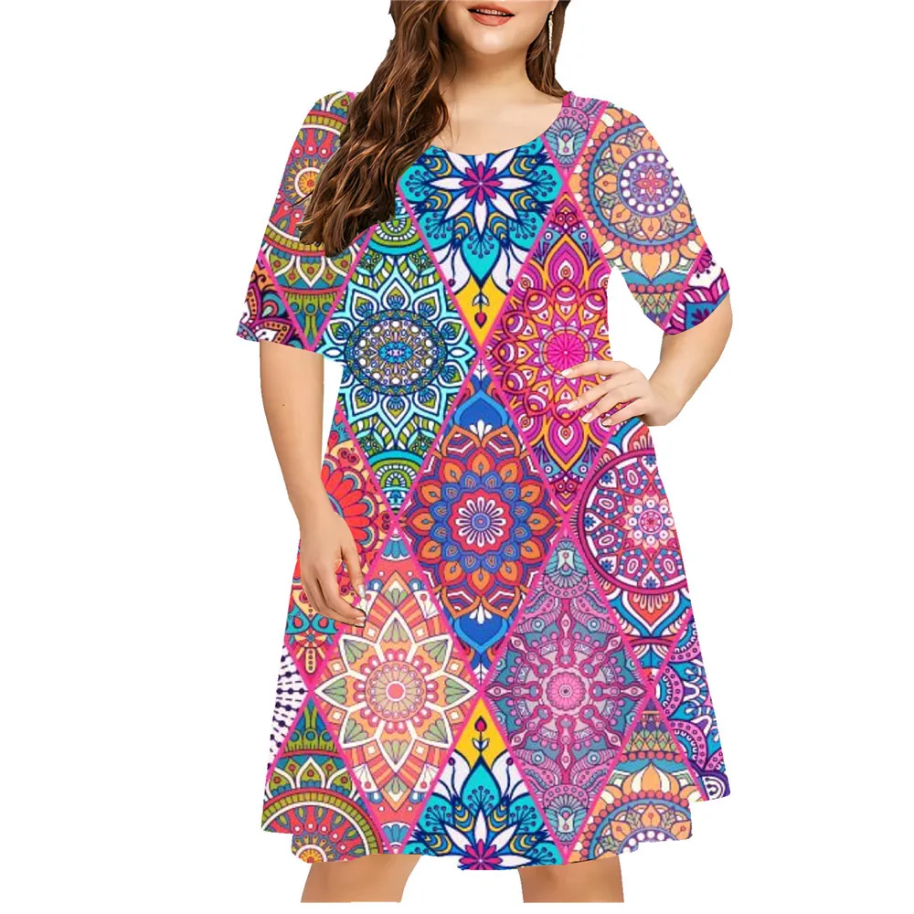 Colorful Flower Women Dress Paisley 3D Print Loose Plus Size Dress Summer Vintage Ethnic Style Short Sleeve Sundress Casual 9XL