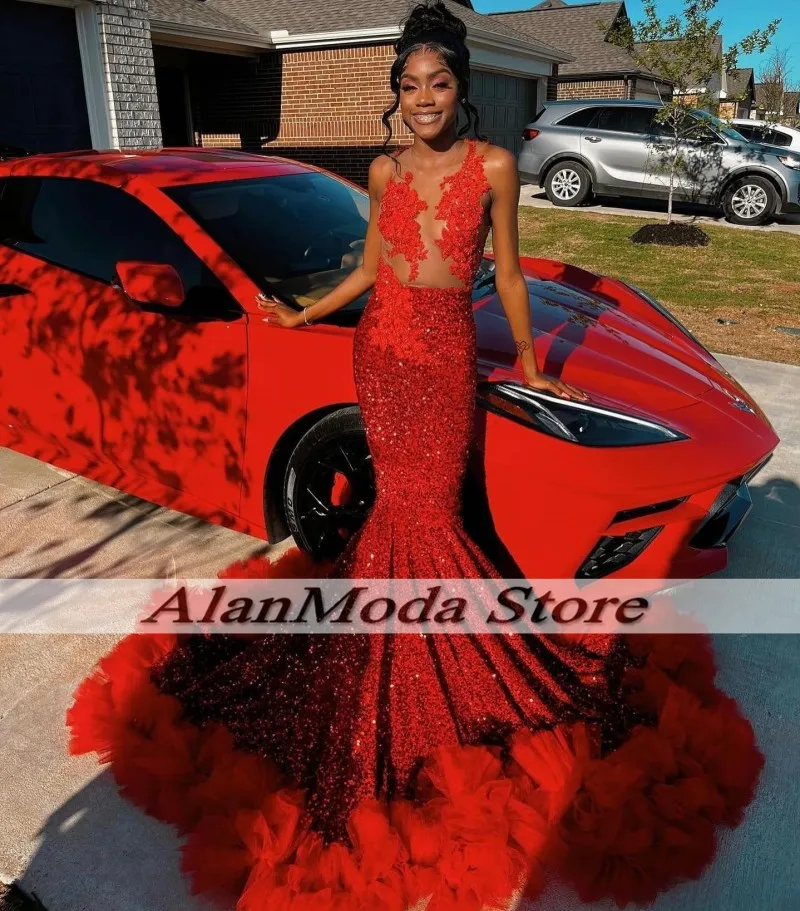 Luxury Red Prom Dresses For Black Girls 2025 See Through Beading Sequin Mermaid Party Gowns Ruffles Veatidos De Gala Customized