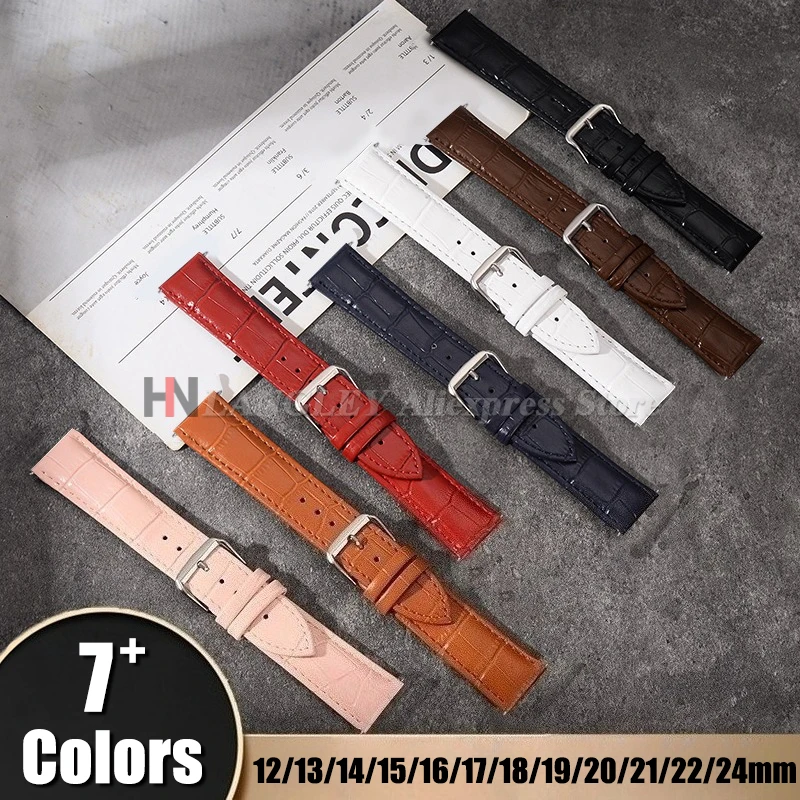 12/13/14/15/16/17/18/19/20/21/22/24mm Genuine Calfskin Leather Watchband Universal Slub Pattern Strap Replacement Men Women Belt