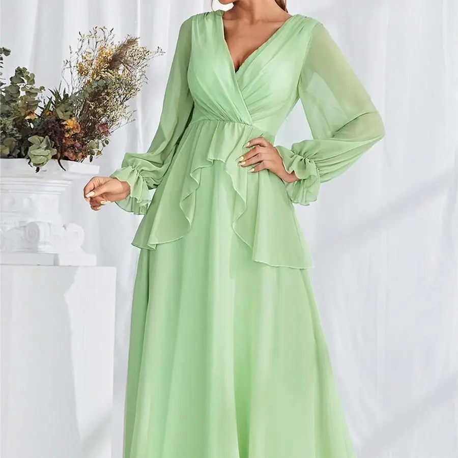 

Chiffon V-neck Evening Dress New Style Bubble Sleeves Elegant Style Graduation Ball Bridesmaid Dress Party Dress Spring Women